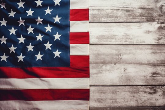 A close-up photograph showcasing an American flag placed on a wooden surface. This image can be used to represent patriotism, national holidays, or American pride.