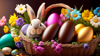 Easter basket with colorful eggs, bunny and flowers on dark background