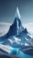 Fototapeta premium A striking digital illustration of an ice low-poly mountain with sharp edges surrounded by a mysterious blue lake under a clear sky.