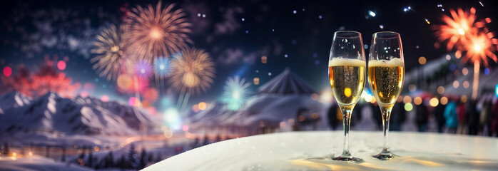 New year's eve in the mountains on the slope, fireworks with people and champagne, panoramic background. Generative AI. - obrazy, fototapety, plakaty