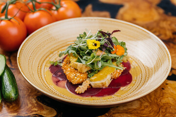 Beet Carpaccio beetroot salad served in dish isolated on table side view of healthy organic salad