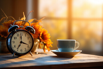 Alarm clock and cup of coffee on table, good morning concept and coffee time - obrazy, fototapety, plakaty