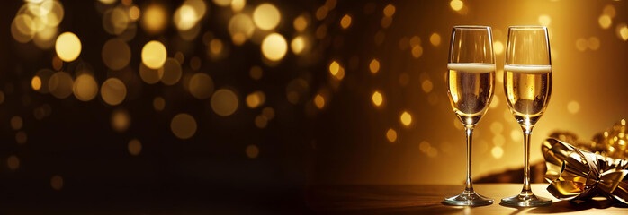 New year's eve party, elegant event, christmas black banner with gold champagne, panoramic background. Generative AI.