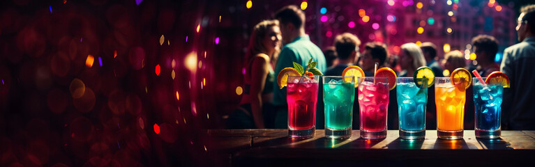 Drinks in the club with people and colorful bokeh ligths, party, event, new year celebartion with cocktails, panoramic banner background for restaurant, bar, hotel. Generative AI. - obrazy, fototapety, plakaty