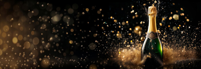 New year's eve party, elegant event, christmas black banner with gold champagne, panoramic background. Generative AI. - obrazy, fototapety, plakaty