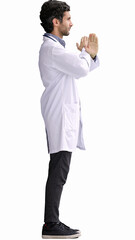 male doctor in a white coat on a white background shows a cancel sign