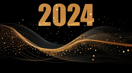 New Year 2024 on a stylish black background with wavy lines and dots. Stylish banner, hologram.