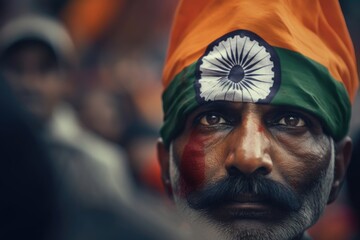 A man wearing a turban with the Indian flag painted on his face. This image can be used to represent Indian culture, patriotism, or national events. - obrazy, fototapety, plakaty