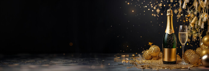 New year's eve party, elegant event, christmas black banner with gold champagne, panoramic background. Generative AI.