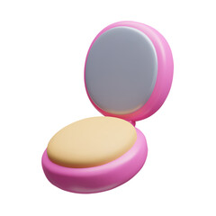 3D compact powder palette vector render. Cute cartoon style pink powder puff box cushion vector illustration isolated. 3D beauty makeup cosmetic product. Pressed powder skin foundation with mirror.