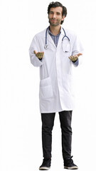 male doctor in a white coat on a white background in profile with his hands folded together