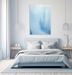 Layout of poster, poster in the room, interior of bedroom with bed