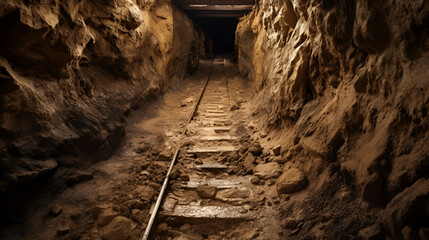 a large deep footprint in the soil next to rails in a dark abandoned gold mine - obrazy, fototapety, plakaty