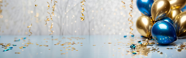 Party baner, new year's eve, event panoramic white background with baloons and gold stars, website header. Generative AI. - obrazy, fototapety, plakaty
