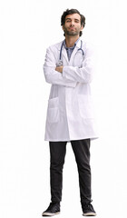 male doctor in a white coat on a white background smiling in full length