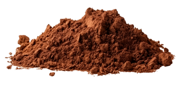 Textured brown akadama soil heap, white background
