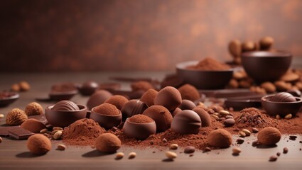 Chocolate bonbons , cocoa beans and cocoa powder on the table  - obrazy, fototapety, plakaty