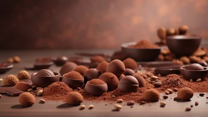 Rolgordijnen Chocolate bonbons , cocoa beans and cocoa powder on the table  © artiscn88