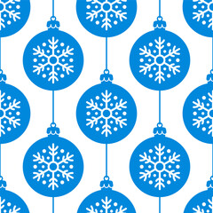Beautiful blue Christmas balls and snowflakes isolated on a white background. Cute monochrome holiday seamless pattern. Vector simple flat graphic illustration. Texture.