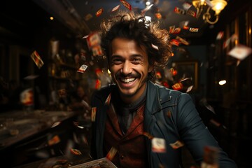 Fototapeta premium A man with a contagious smile surrounded by a swirl of playing cards