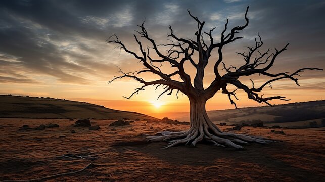 In the landscape areas, there are trees that are either partially alive or partially dead.