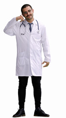 male doctor in a white coat on a white background shows a call sign