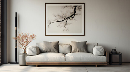 Interior design of modern living room. Grey sofa with black cushions against wall with poster frame.