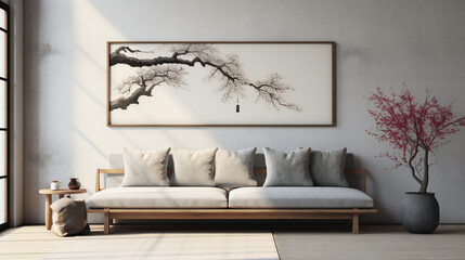 Interior design of modern living room. Grey sofa with black cushions against wall with poster frame.