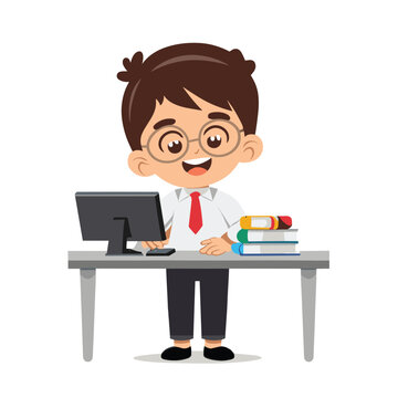 the person working on a laptop, Children's Cartoon illustration, vector illustration, computer desk illustration, cartoon illustration, 