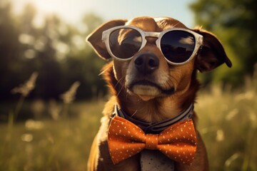 A picture of a dog wearing sunglasses and a bow tie. This image can be used for various purposes, such as pet fashion, summer themes, or humorous designs.