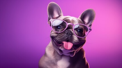 funny bulldog wearing glasses on purple background