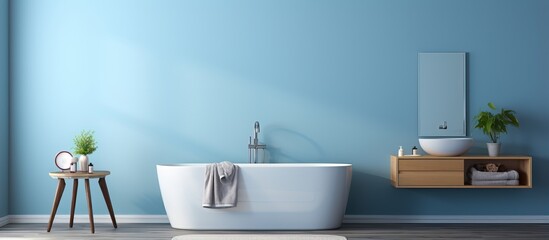 contemporary bathroom with blue walls