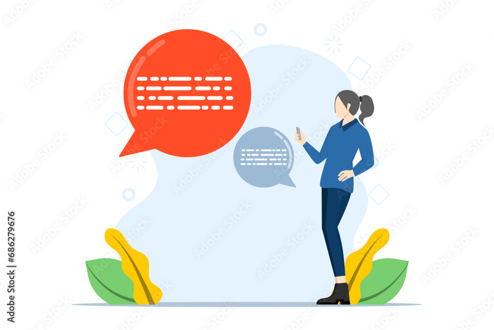 Poster mobile app concept for secure instant messaging, online chat, character holding smartphone and sendi
