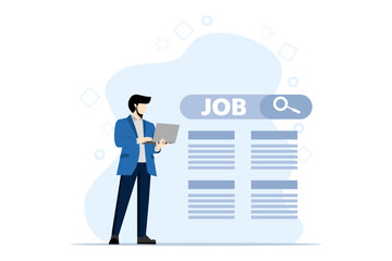 Career or job search concept, Looking for a new job, job, looking for opportunities, looking for vacancies or job positions, character using laptop to search for work. flat vector illustration.