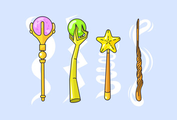 A set of magic wands and magic staffs-spheres. Flat vector illustration with outline.
