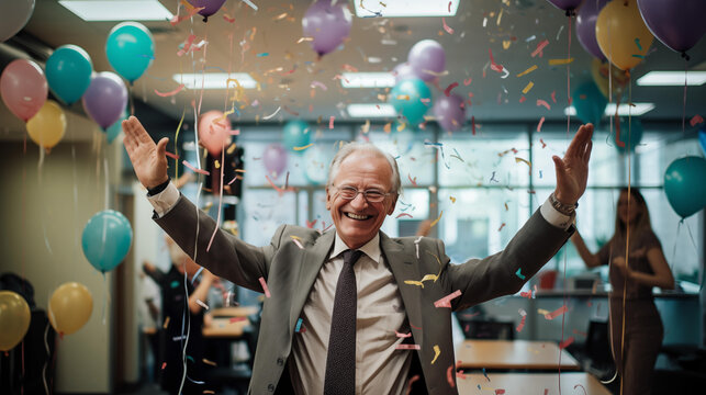 An old man celebrates the last day of work in office before the retirement. 