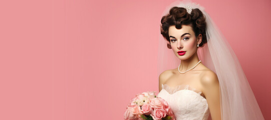 Beautiful Vintage Bride on a Pink Background with Space for Copy