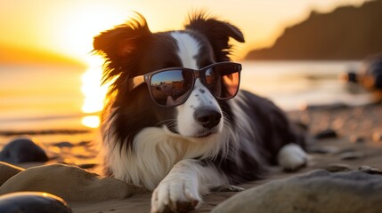 dog sitting on the beach and wearing sunglasses