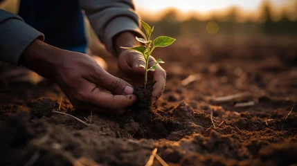 Tuinposter In global warming conditions, two hands are using their hands to plant trees and soil that is dry and cracked © Ruslan