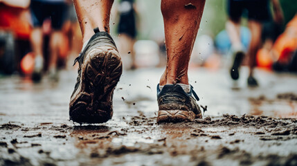 Feet in the mud during a race - obrazy, fototapety, plakaty