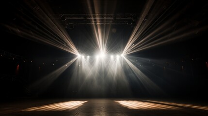 The background of the stage is illuminated by rays of light from spotlights