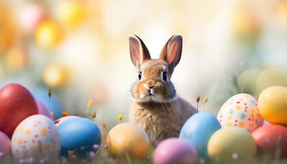 Brown hare and colorful eggs, easter concept