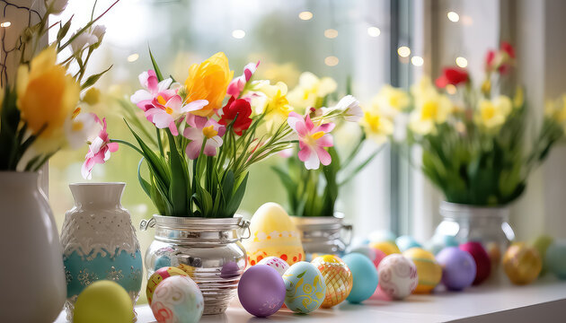 Painted eggs on the windowsill with flower branches, easter concept