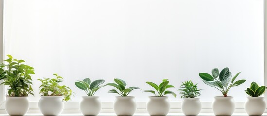 Green potted plants on a windowsill in a bright room with white walls and windows