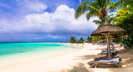 Paradise tropical beach scenery. relaxing holidays in Mauritius island with white sands and turquoise sea