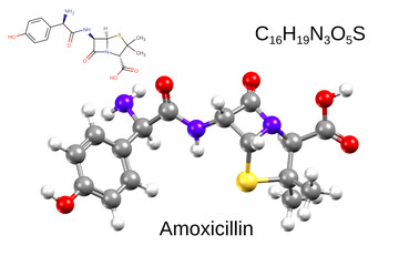 Chemical formula, structural formula and 3D ball-and-stick model of antibiotic amoxicillin