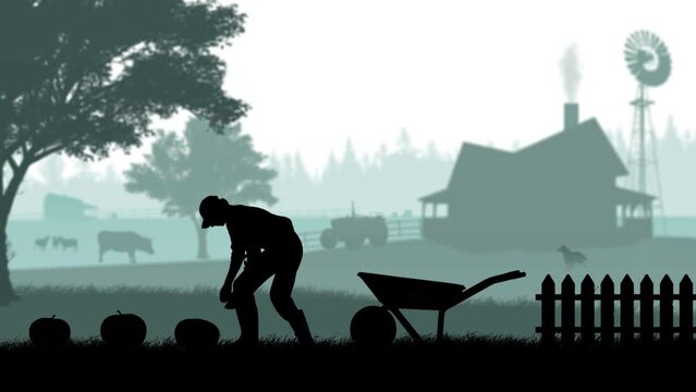 Portrait of gardener on animated graphic background with farm house and trees, isolated alpha channel. Silhouette of man farmer putting pumpkin in wheelbarrow.