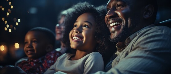 african american happiness family enjoy movie theater watch cinema together fun laugh smile happiness entertainment together family concept - obrazy, fototapety, plakaty
