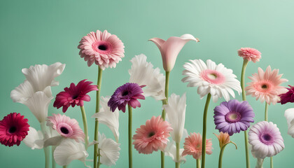 Beautiful pink, purple and white flowers on a pastel green background. - Powered by Adobe