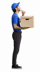 full-length male courier holding a box on a white background